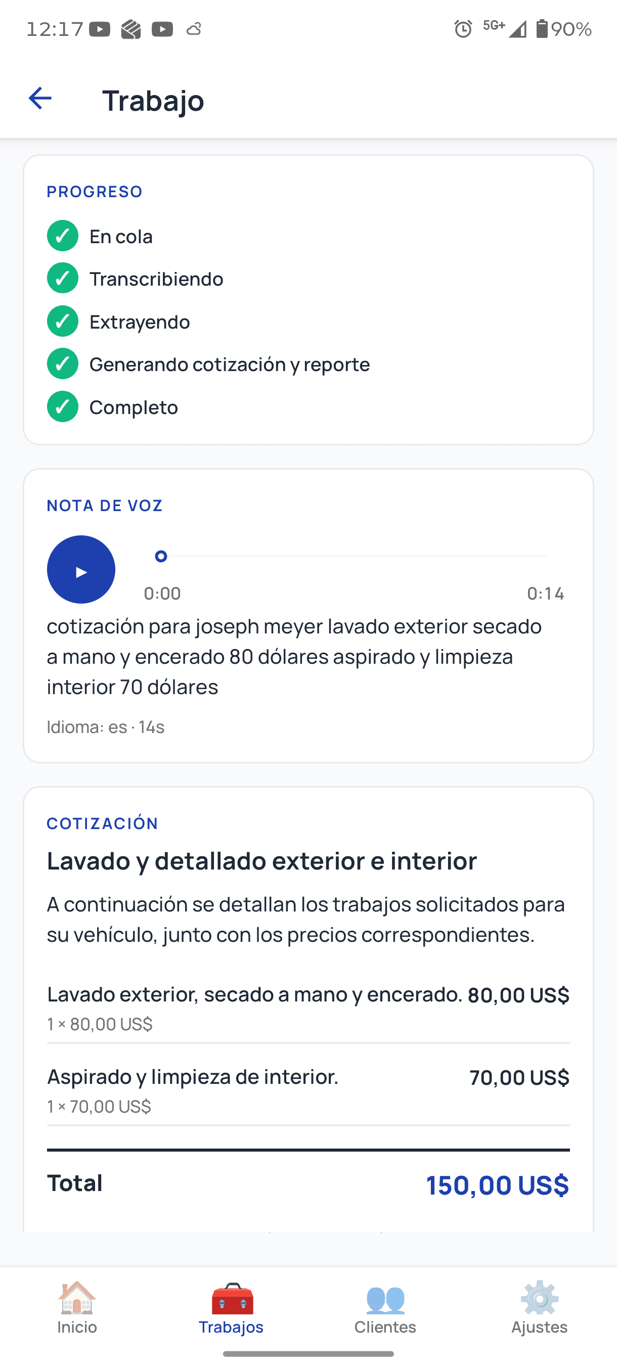 The ServiceTracked app running in Spanish: Detailing Specialists' quote for Joseph Meyer, totaling 150,00 US$, ready to send.