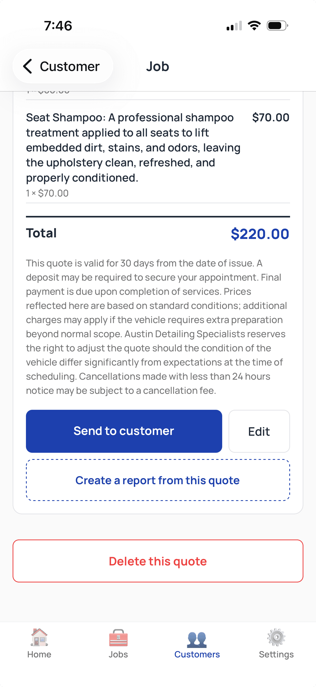 Quote review in the ServiceTracked app: Marcus Bell's line items of $90, $60, and $70 total exactly $220.00, ready to send to the customer.