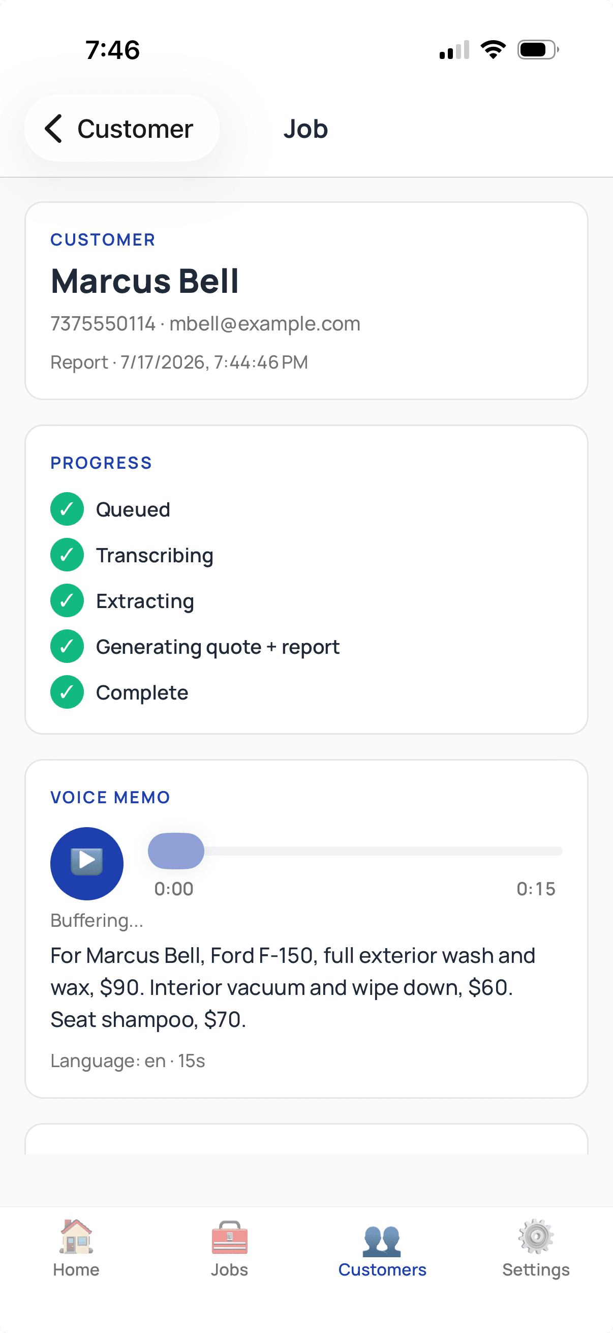 Voice memo for Marcus Bell transcribed in the app: full exterior wash and wax $90, interior vacuum and wipe down $60, seat shampoo $70, every processing step complete.