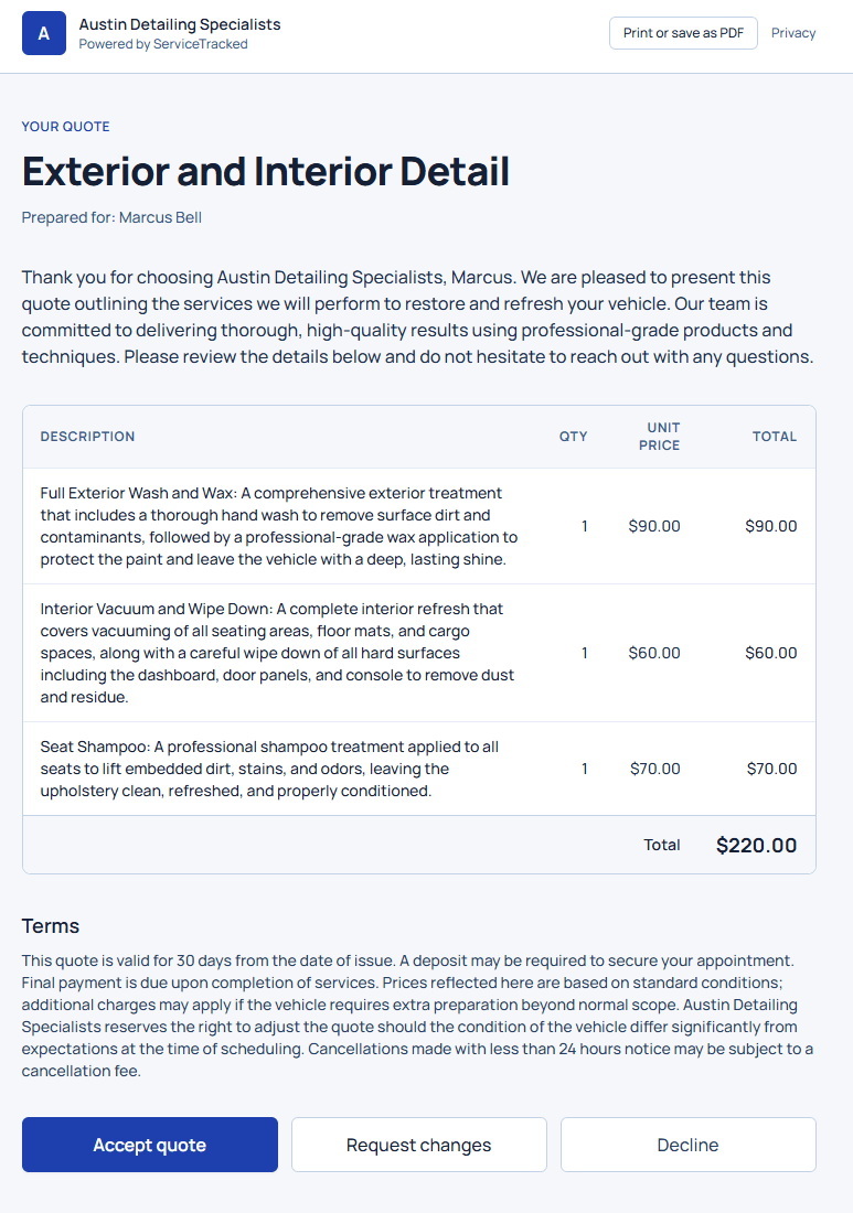 Quote for Marcus Bell from Austin Detailing Specialists totaling $220.00, the exact sum of the three spoken line items, with accept, request changes, and decline buttons.