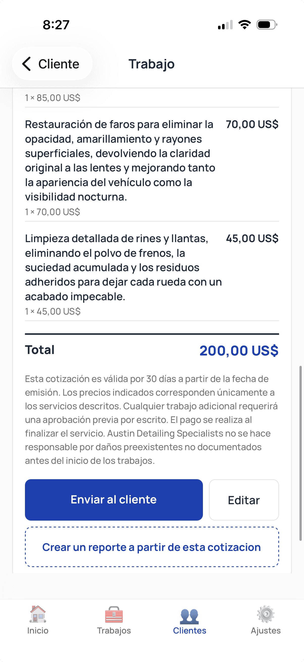 ServiceTracked app running in Spanish: Joseph Meyer's quote drafted with line items of $85, $70, and $45 totaling $200.00, ready to send.