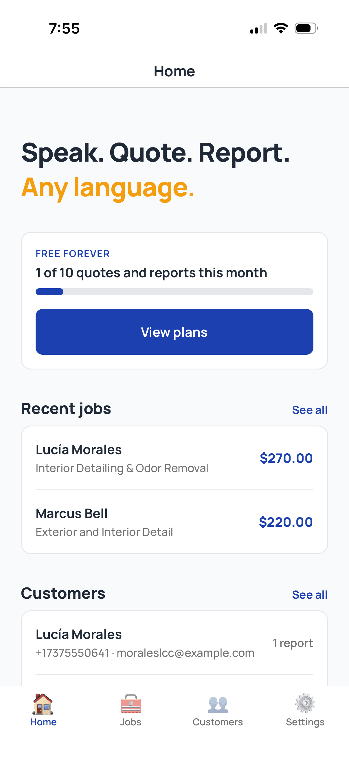 ServiceTracked app home screen with the Free Forever counter (1 of 10 quotes and reports this month) and recent jobs for Lucia Morales ($270.00) and Marcus Bell ($220.00).