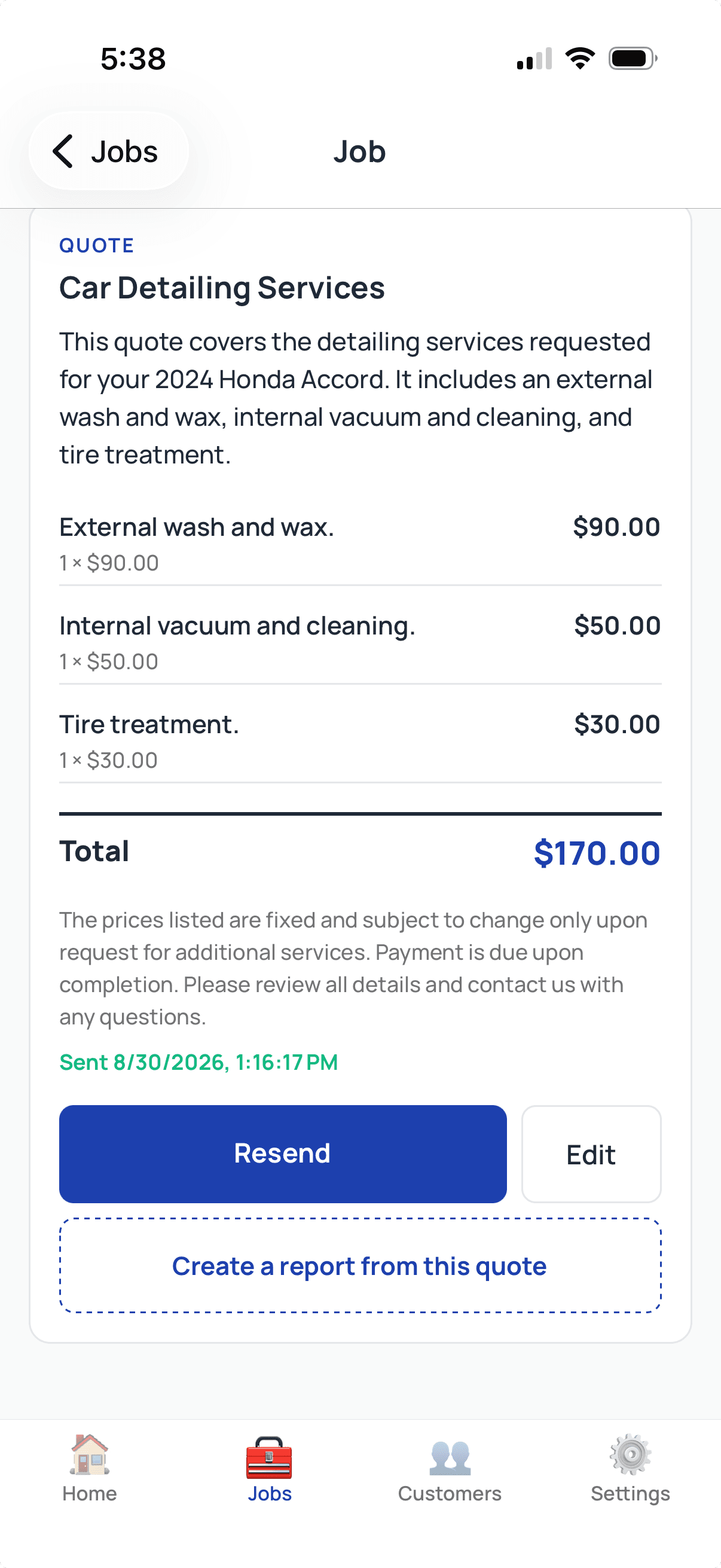 The ServiceTracked app showing an in-app quote, Car Detailing Services for a 2024 Honda Accord, totaling $170.00, with Resend, Edit, and Create a report from this quote.