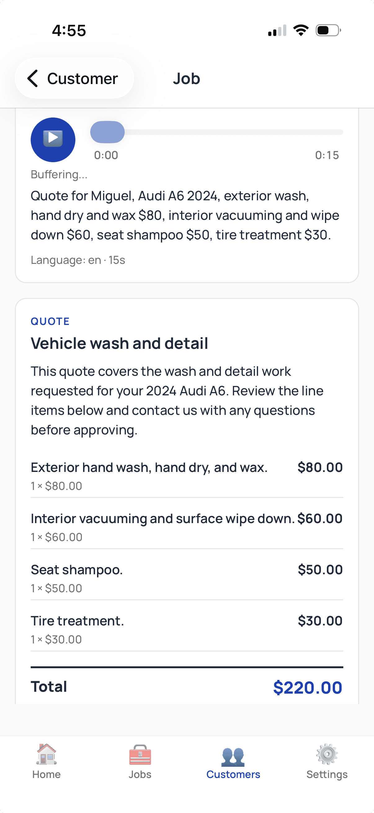 The ServiceTracked app: a voice note for Miguel becomes an in-app quote, Vehicle wash and detail for a 2024 Audi A6, totaling $220.00.