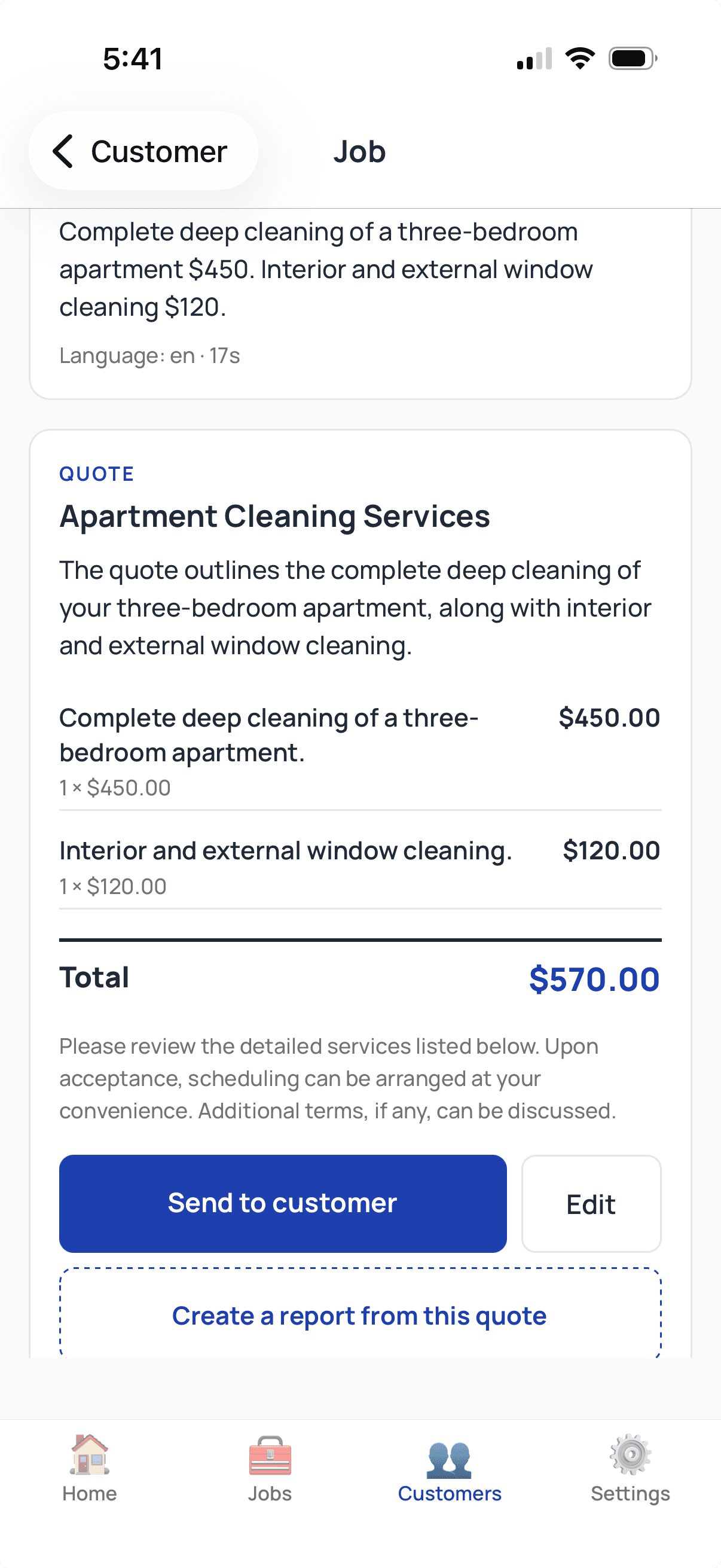 La app de ServiceTracked: una cotización dentro de la app, Servicios de limpieza de departamento que cubre limpieza profunda y de ventanas, por un total de $570.00.