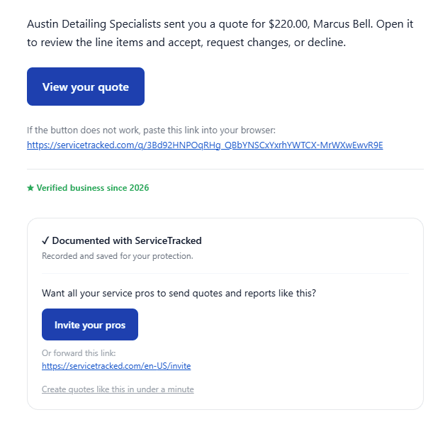 Email to Marcus Bell in English: Austin Detailing Specialists sent you a quote for $220.00, with a secure View your quote link.