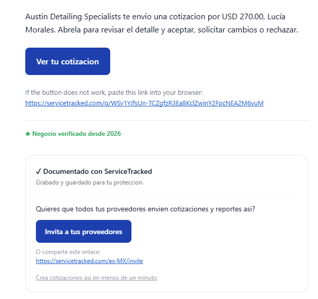 The same quote email in Spanish: the customer receives the $220.00 quote notification and its secure magic link in Spanish.