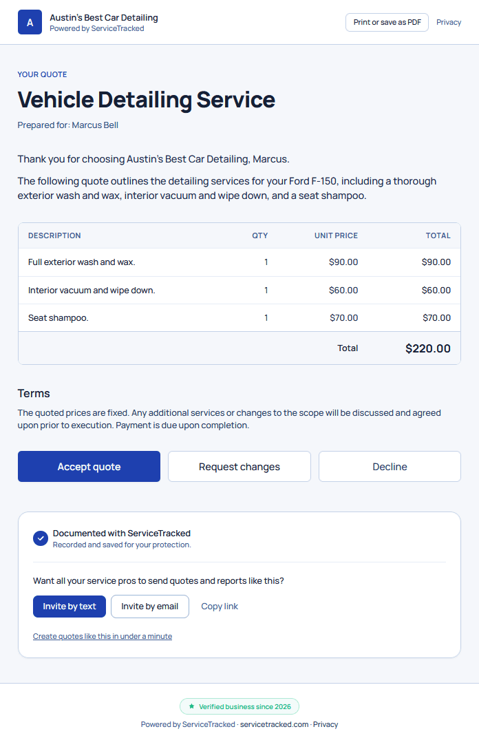 The delivered quote the customer receives from Austin's Best Car Detailing: Vehicle Detailing Service prepared for Marcus Bell, line items $90, $60, and $70 totaling $220.00, with Accept quote, Request changes, and Decline.