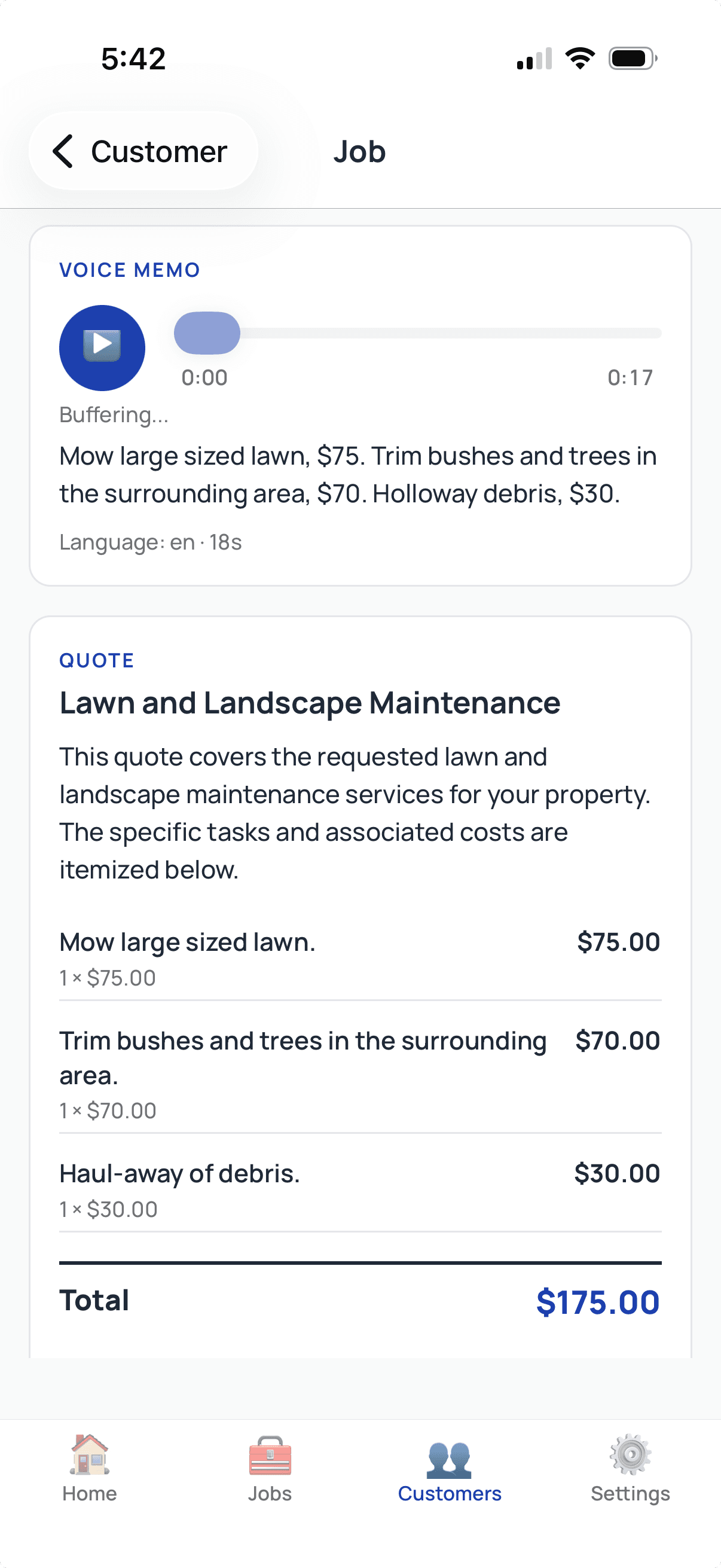 The ServiceTracked app: an in-app quote, Lawn and Landscape Maintenance covering mowing, trimming, and debris haul-away, totaling $175.00.