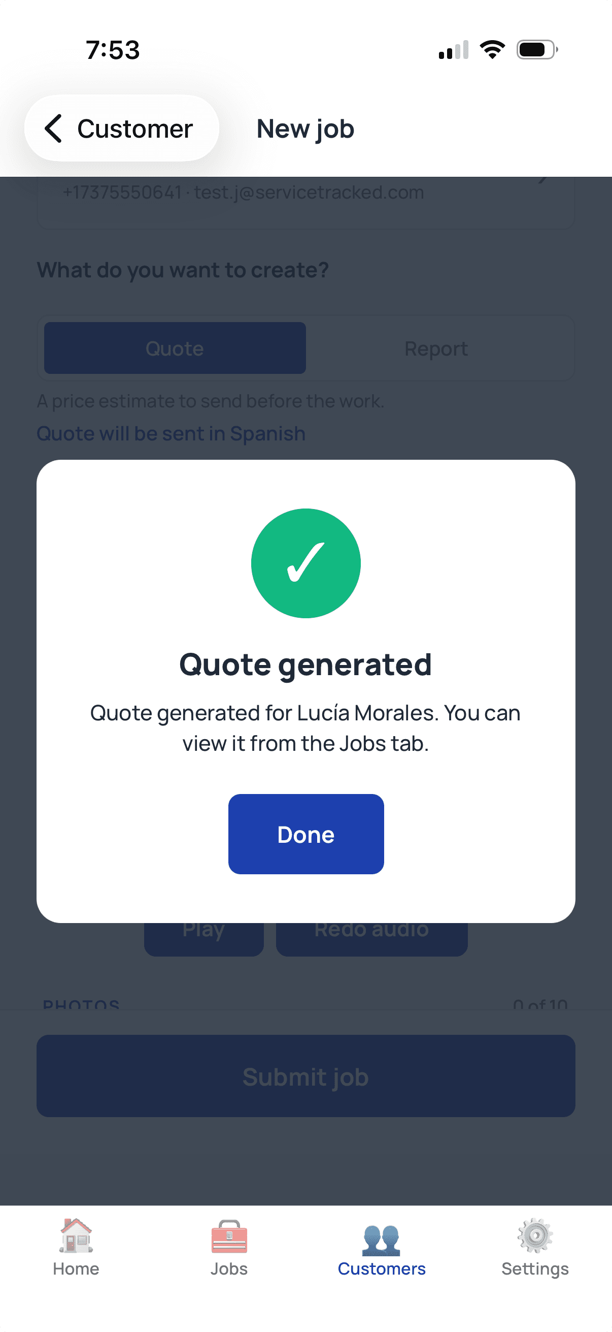 ServiceTracked app running in English, confirming a quote generated for Lucia Morales that will be sent to her in Spanish.
