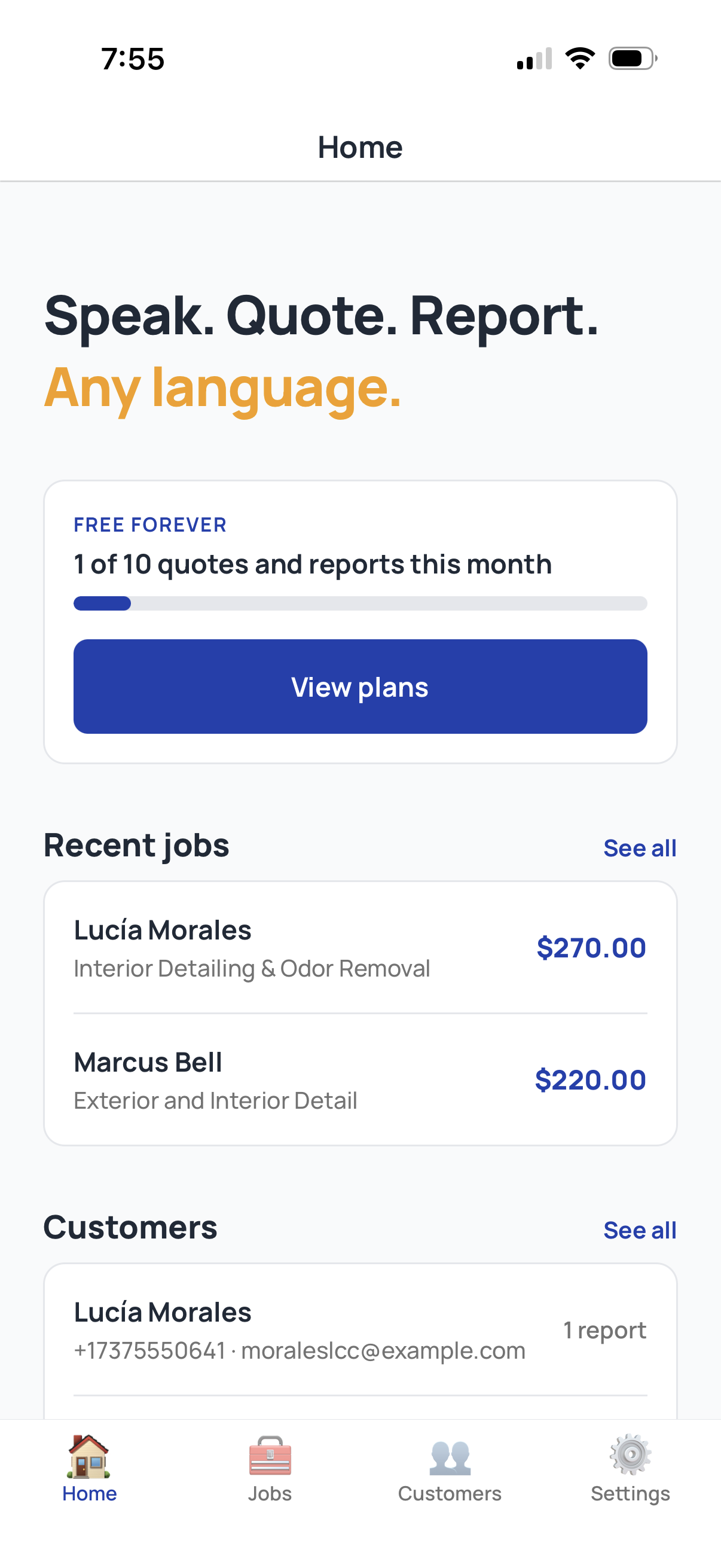 ServiceTracked app home screen with the Free Forever counter (1 of 10 quotes and reports this month) and recent jobs for Lucia Morales ($270.00) and Marcus Bell ($220.00).