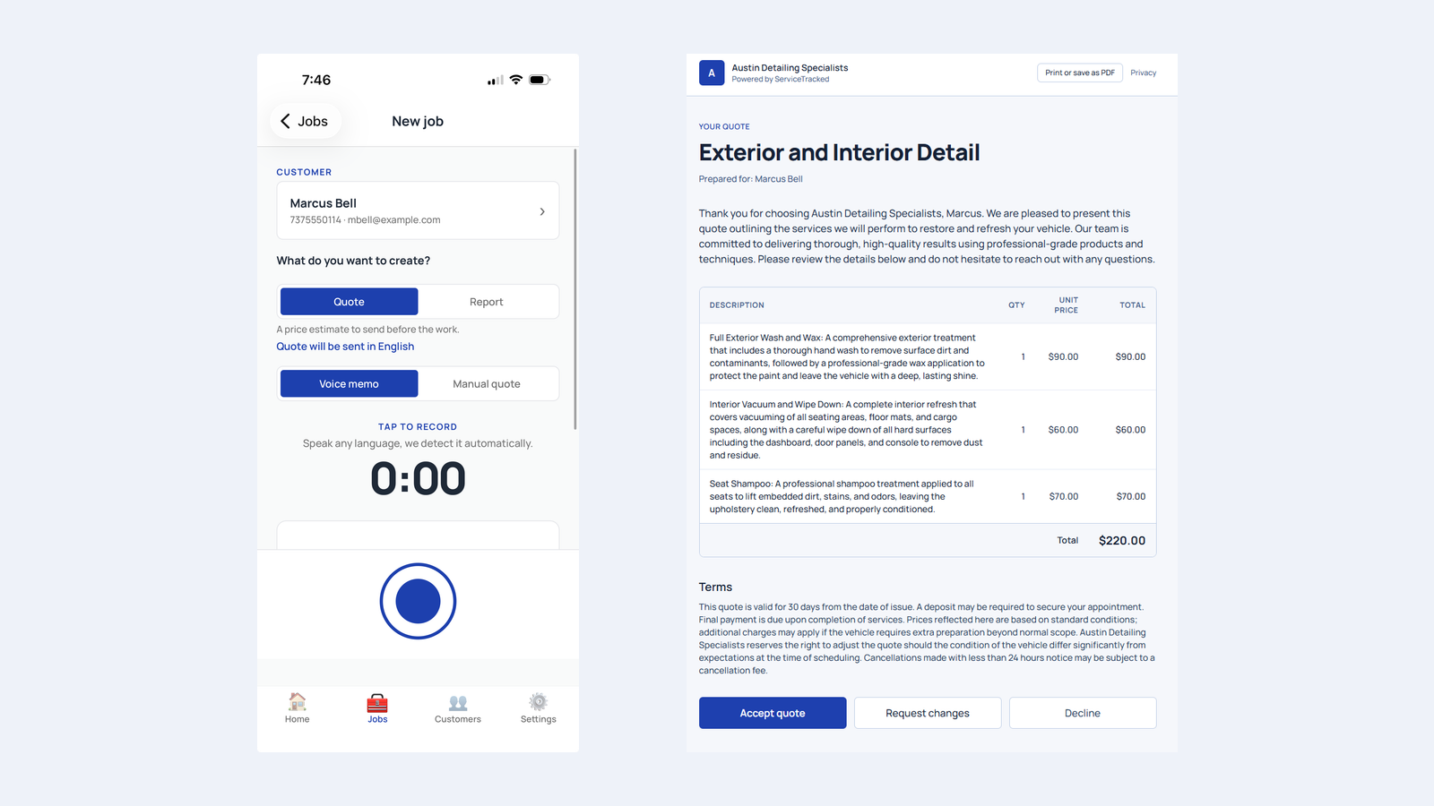 Before and after in the ServiceTracked app: the New job record screen for customer Marcus Bell beside the finished quote from Austin Detailing Specialists totaling $220.00.