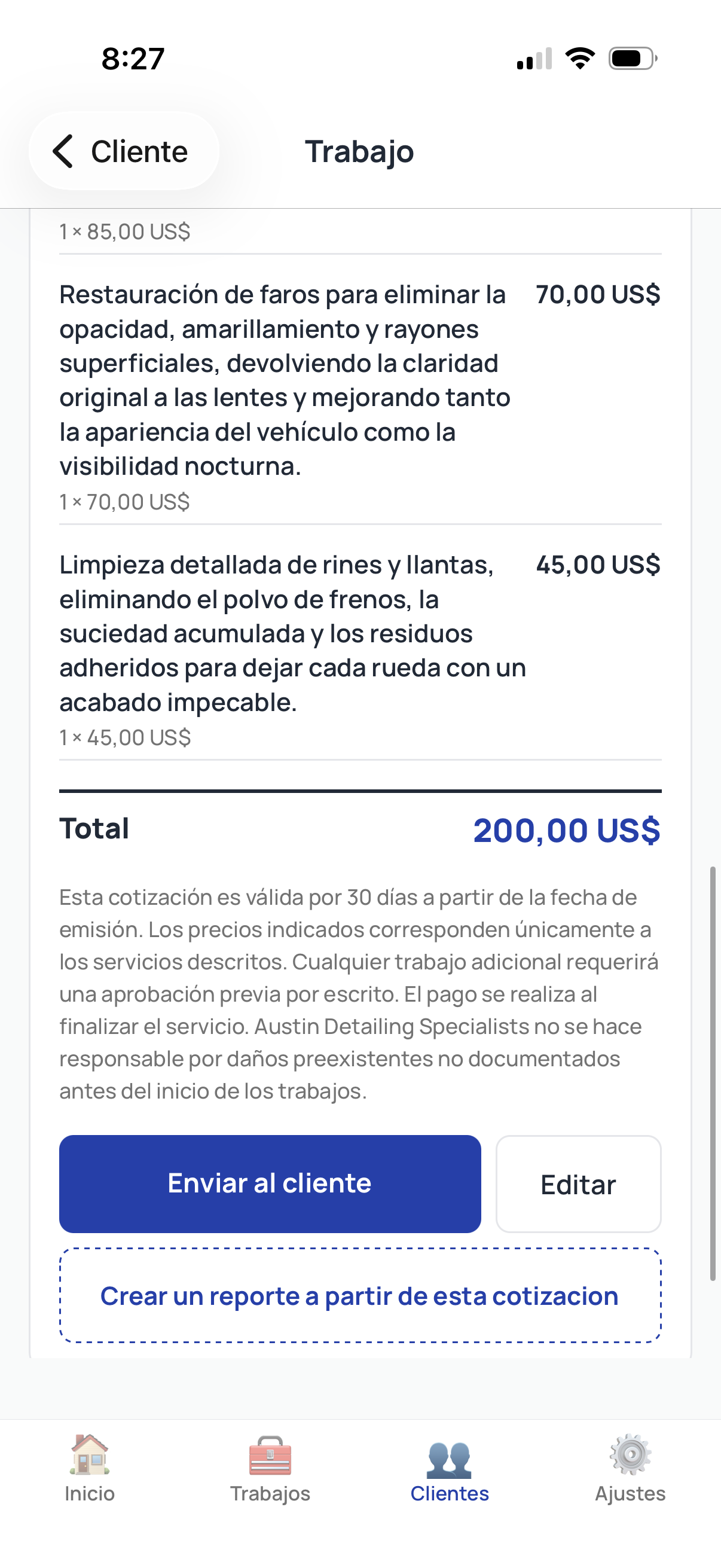 ServiceTracked app running in Spanish: Joseph Meyer's quote drafted with line items of $85, $70, and $45 totaling 200,00 US$, ready to send.